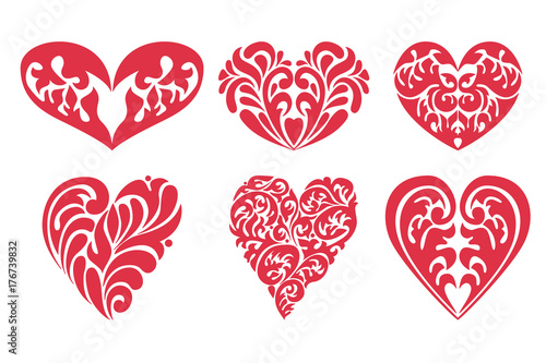 Collection stylized ornate hand drawn heart isolated on white background. Decorative romantic heart set for Valentine day, marriage, ivitation, tattoo, embroidery and other design.