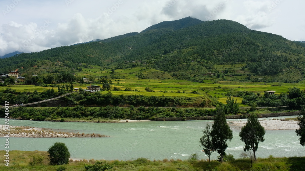 Landscape of river and mountain in Paro, Bhutan