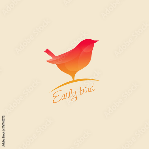 Early Bird logo. Orange bird, isolated on the light background. Morning icon.