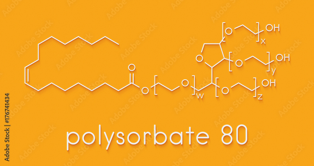 Polysorbate 80 surfactant and emulsifier molecule. Used in food (E433), cosmetics and medicines. Skeletal formula.