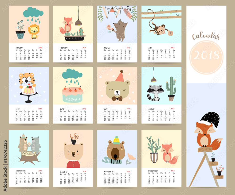 Colorful cute monthly calendar 2018 with fox,bear,cactus,flower,monkey ...