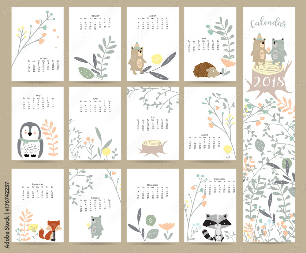 Colorful cute monthly calendar 2018 with wild,fox,bear,skunk,leaf,stump,flower,penguin and porcupine.Can be used for web,banner,poster,label and printable