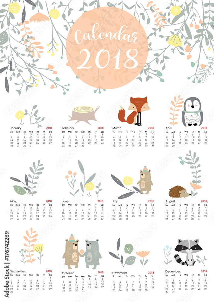 Fototapeta premium Colorful cute monthly calendar 2018 with wild,fox,bear,skunk,leaf,stump,flower,penguin and porcupine.Can be used for web,banner,poster,label and printable