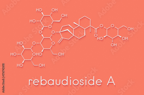 Rebaudioside A molecule. One of the main steviol glycosides found in stevia plants, used as sweetener. Skeletal formula. photo