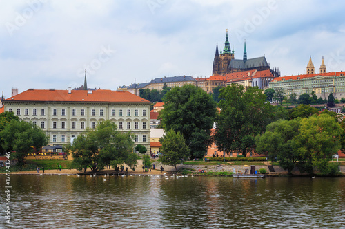 The view of Prague castle from the other bank of the Vltava river.