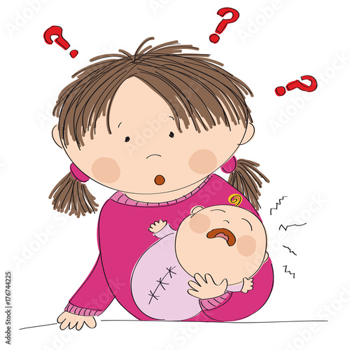 Puzzled young mother holding her crying baby girl. What to do? Why it is crying? Original hand drawn illustration.