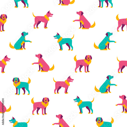 Seamless pattern with different colorful dogs