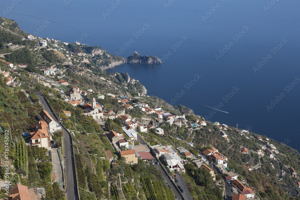Aerial view of Amalfi coast, Praiano