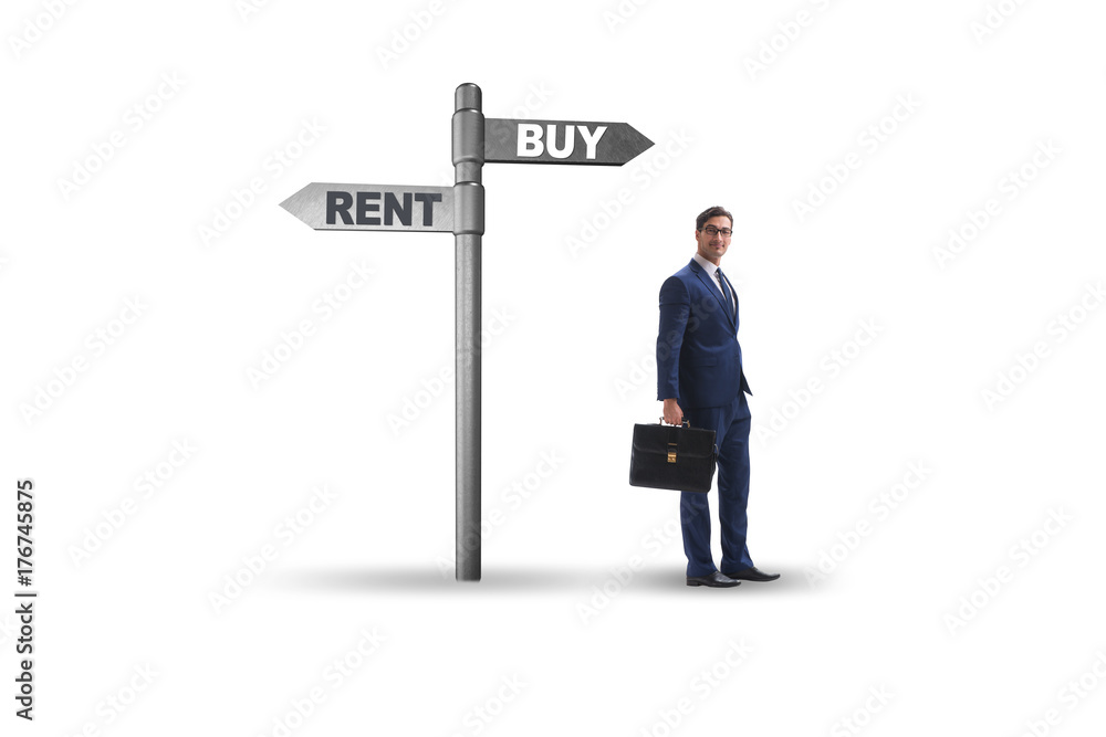 Businessman at crossroads betweem buying and renting on white Businessman at crossroads betweem buying and renting on white