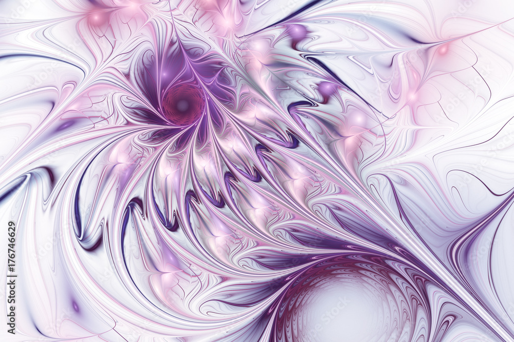 Abstract glossy exotic violet flower. Fantasy asymmetric fractal design. Digital art. 3D rendering.