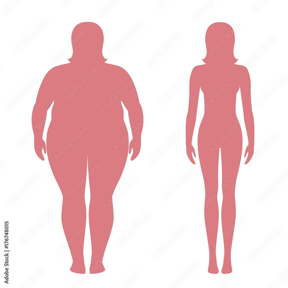 Vector illustration of fat and slim woman silhouettes. Weight loss concept, before and after. Obese and normal female body. Vector illustration of fat and slim woman silhouettes. Weight loss concept, before and after. Obese and normal female body.