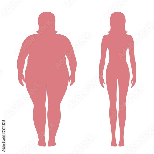 Vector illustration of fat and slim woman silhouettes. Weight loss concept, before and after. Obese and normal female body.