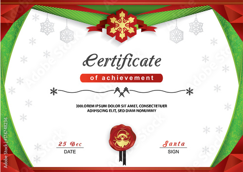 Christmas certificate. Green red border and snowflake emblem on white background, Gold portrait of Santa on the red wafer. Bright Xmas background