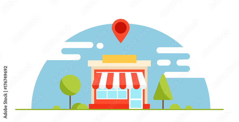 Local business optimization banner. The shop is profitable. Horizontal background with trees and mountains Local business optimization banner. The shop is profitable. Horizontal background with trees and mountains