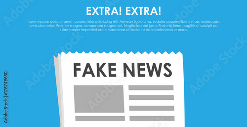 Fake news banner. Blue background with newspaper and speaker