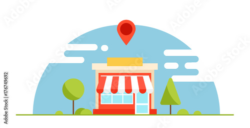 Local business optimization  banner. The shop is profitable. Horizontal background with trees and mountains