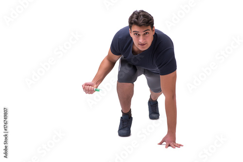 Young man in doping concept isolated on white