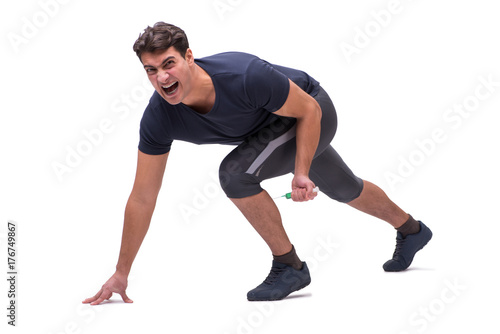 Young man in doping concept isolated on white