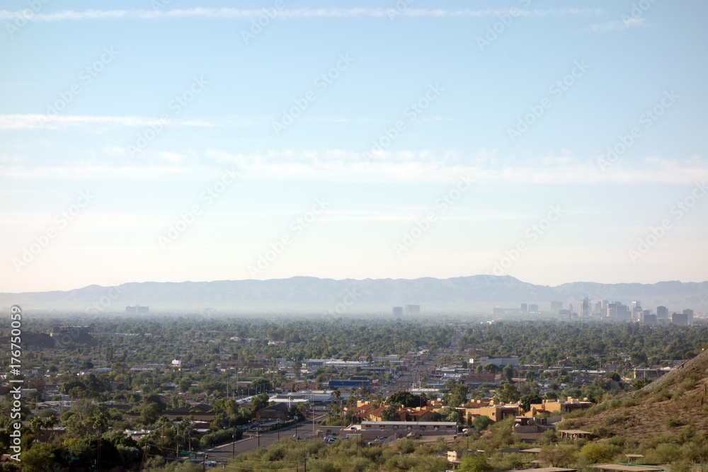 Morning view of Phoenix downtown from hiking trails in North Mountain Park, Arizona