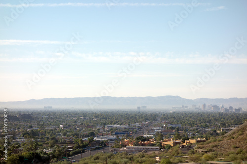 Morning view of Phoenix downtown from hiking trails in North Mountain Park, Arizona