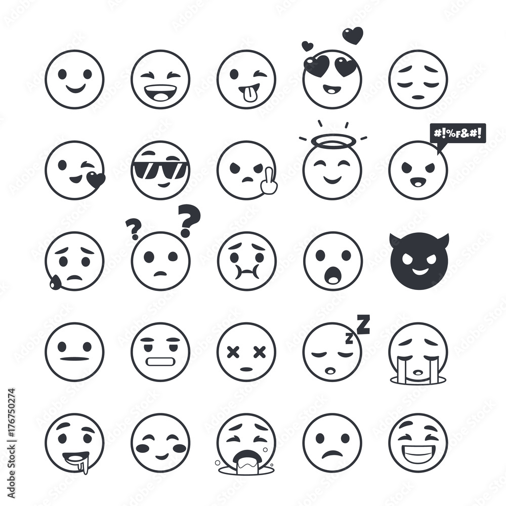 Set of outline emoticons, emoji isolated on white background, vector illustration. Set of outline emoticons, emoji isolated on white background, vector illustration.
