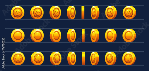Coins for animation. Coin rotate set for animation. Vector illustration for game design. Ready for animation.
