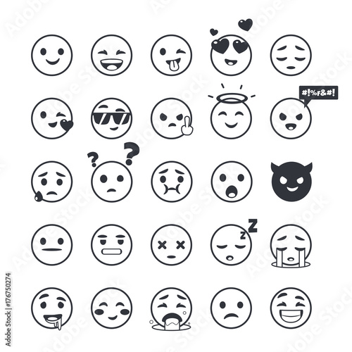 Set of outline emoticons, emoji isolated on white background, vector illustration.