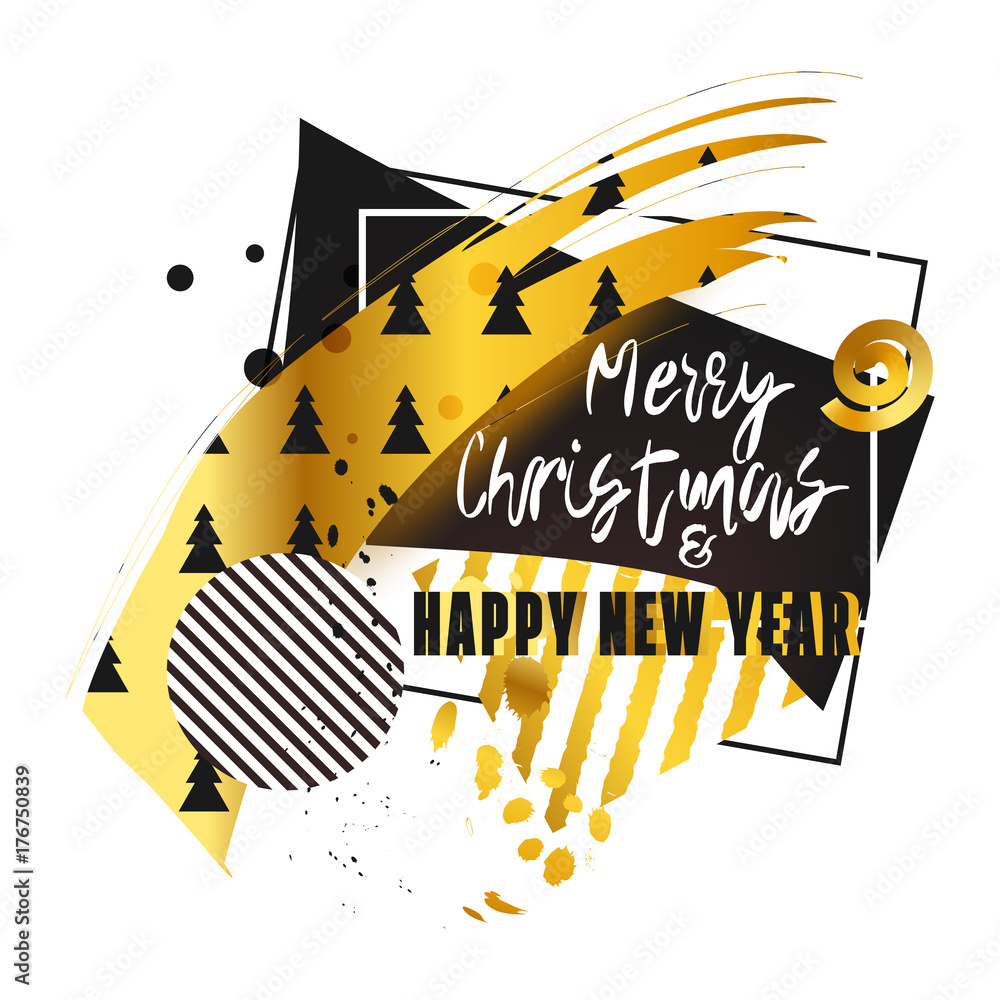 Modern memphis style Christmas card, banner, background. Geometric figures - black and white and gold zebra lines, dots and frames, pattern with christmas tree and golden spiral