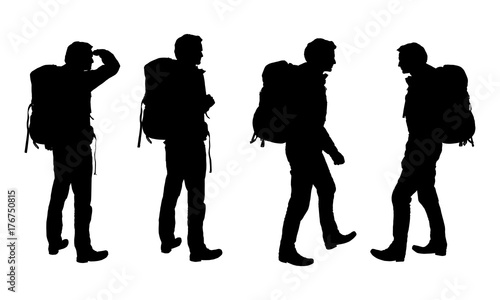 Set of realistic vector silhouettes of tourist men with backpack isolated