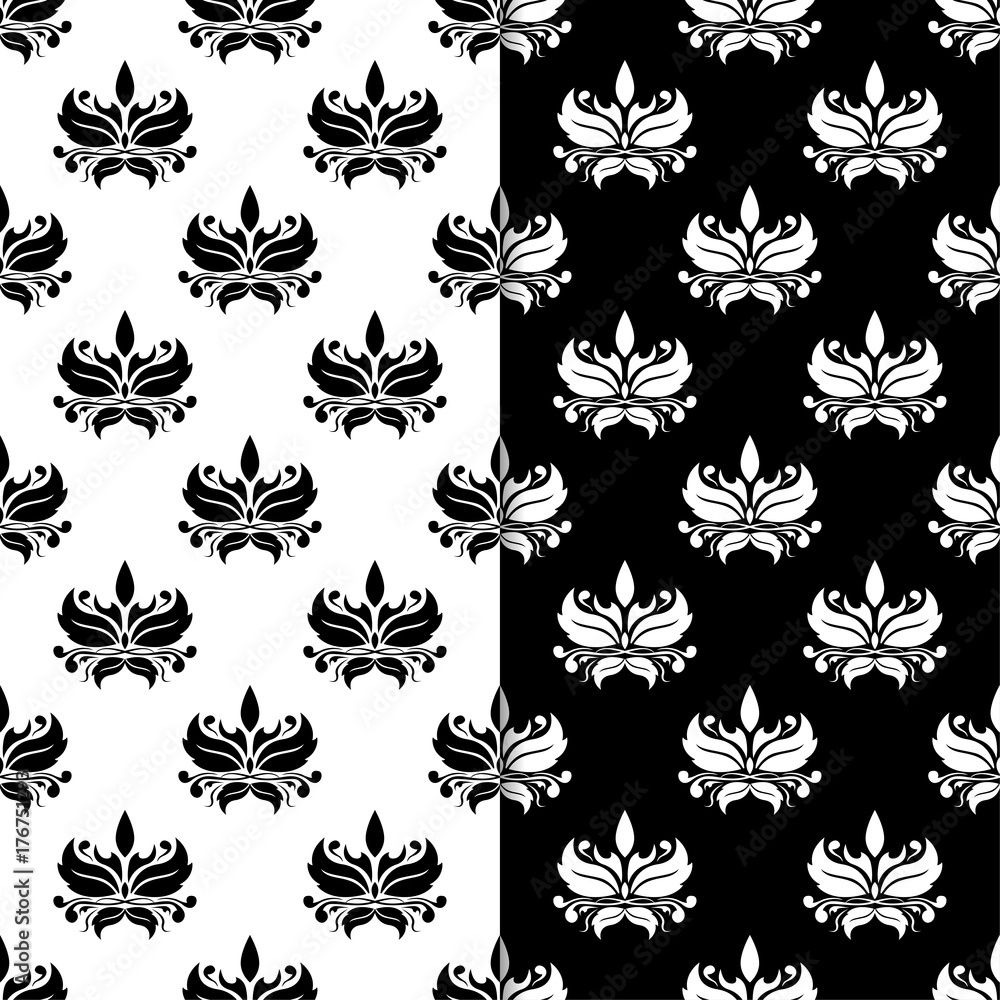 Black and white floral backgrounds. Set of monochrome seamless patterns
