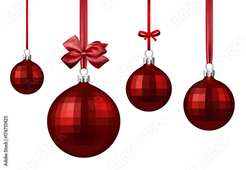 Red Christmas balls with satin bow.