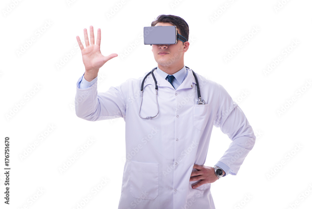 Doctor wearing a vr virtual reality headset isolated on white ba Doctor wearing a vr virtual reality headset isolated on white ba