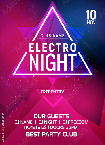 Electro party music night poster template. Electro style concert disco party event invitation