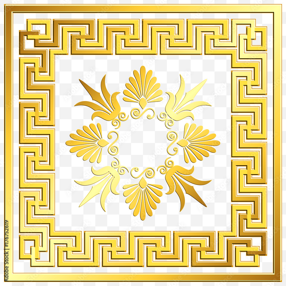 Traditional vintage Golden square Greek ornament, Meander and floral pattern on transparent background. Gold pattern for decorative tiles