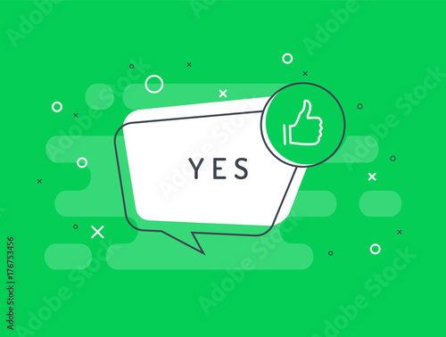 Like label. Thumb up. Trendy flat vector bubble. Green banner on a white background.