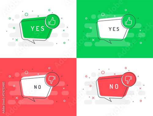 Set of trendy flat vector bubble. Like and dislike icons set. Thumb up and thumb down. Yes or no?  Red and green colors.