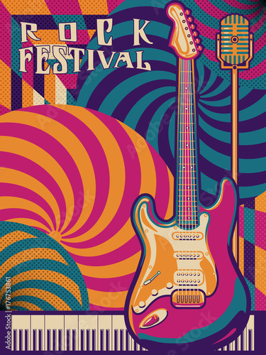Rock festival, cork concert or rock party poster design. Handmade drawing vector illustration. Vintage style. Pop art with psychedelic elements.