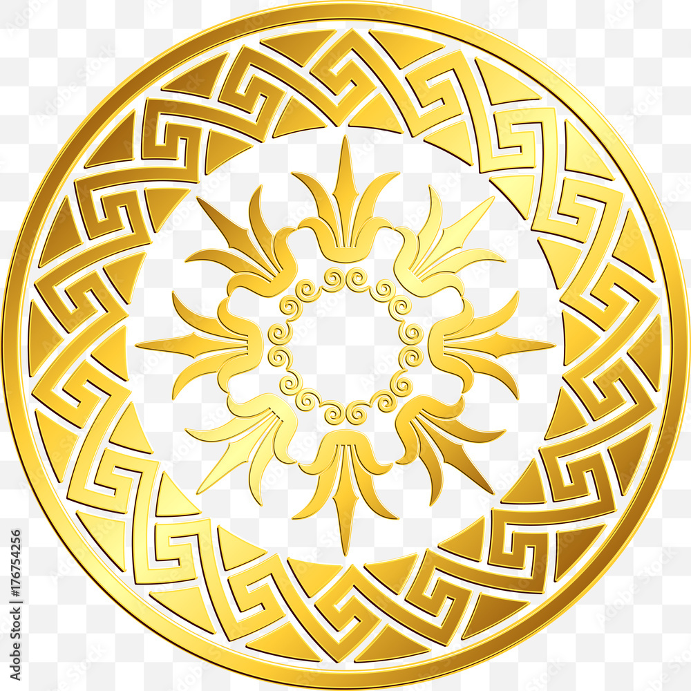Traditional vintage Golden round Greek ornament, Meander and floral