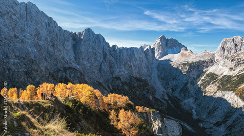 Autumn in Julian Alps. Location Sleme - Slemenova spica; view towards Jalovec; Kranjska gora, Slovenia photo