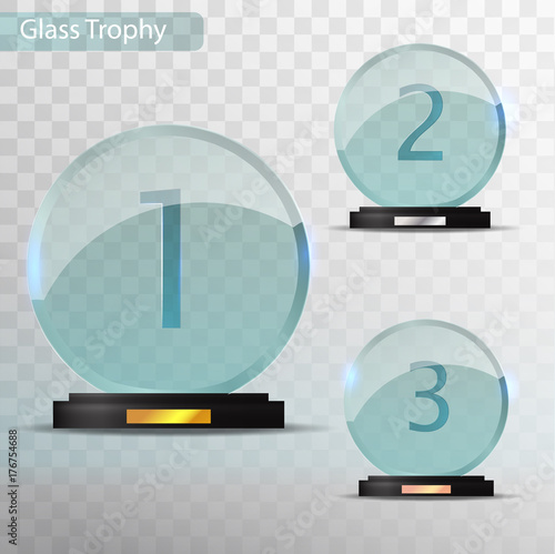 Glass Trophy Award. Set of cups - first, second and third place. Prize template. Glass trophy mockup stand on clear base. Realistic vector transparent object 10 eps