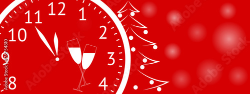 New Year is coming. Banner with space for your text. Clock, glasses with champagne, christmas spruce. Vector