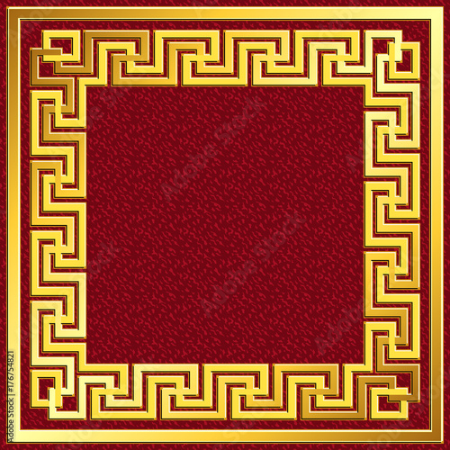 Golden square frame with traditional vintage Greek Meander pattern on red background for design template.