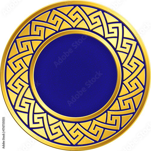 Golden round frame with traditional vintage Greek Meander pattern on the blue background for design template. Gold pattern for decorative tiles and plates