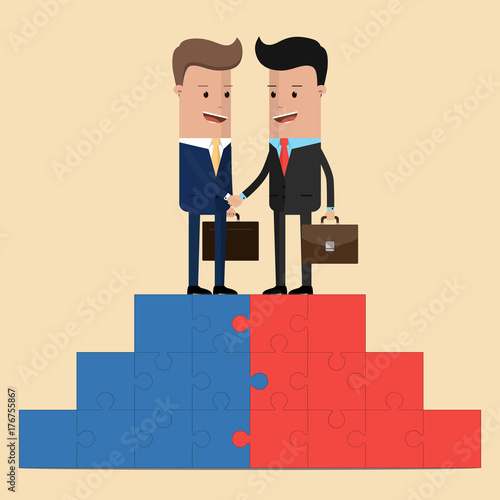 Businessmen shaking hands on a puzzle pyramid. Vector illustration