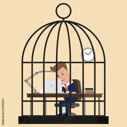 Businessman working hard in birdcage. Vector illustration