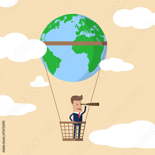 Businessman  with a telescope looking forward for opportunity in a hot air balloon with a world globe on it. Vector illustration