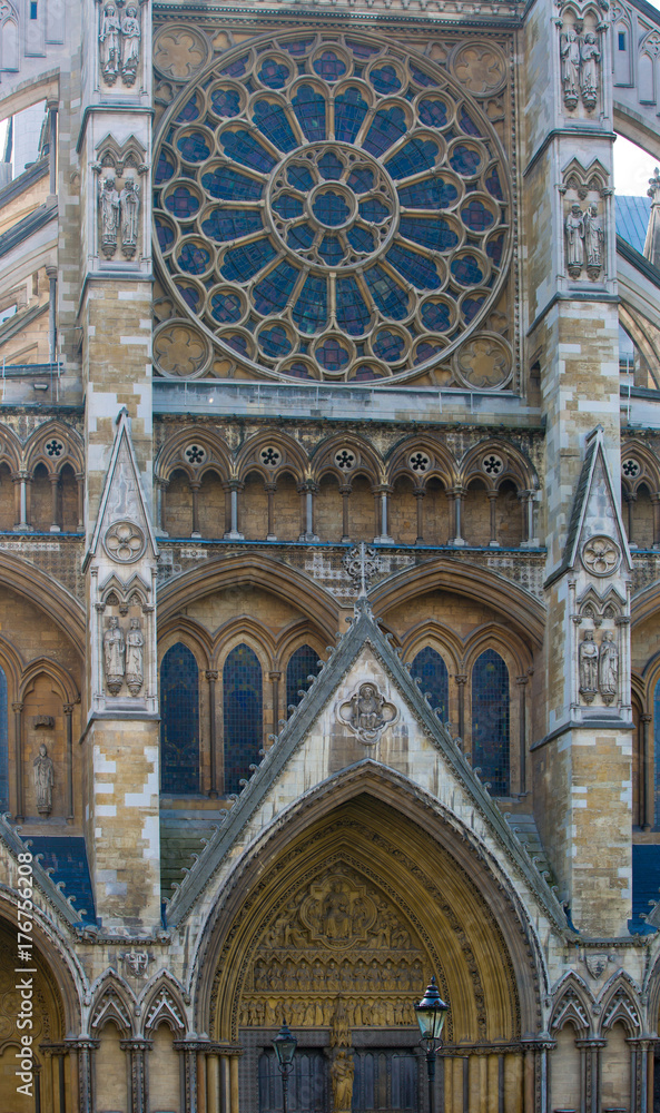 London, UK - June 27, 2017: Westminster abbey main entrance, architectural detail