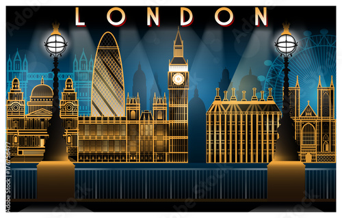 London attractions at night. Handmade drawing vector illustration. Art deco style.