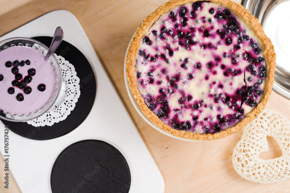 Healthy desserts. Homemade delicious blueberry pie and smoothie