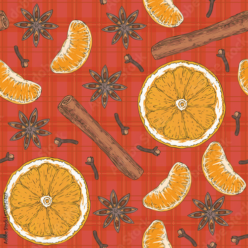 Seamless Pattern. Orange Slices, Tangerine, Spices